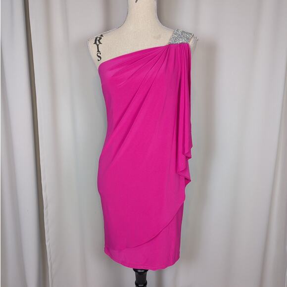 Y2K Cache One Shoulder Rhinestone Trim Mini Dress Hot Pink Size 2 - Picture 16 of 16